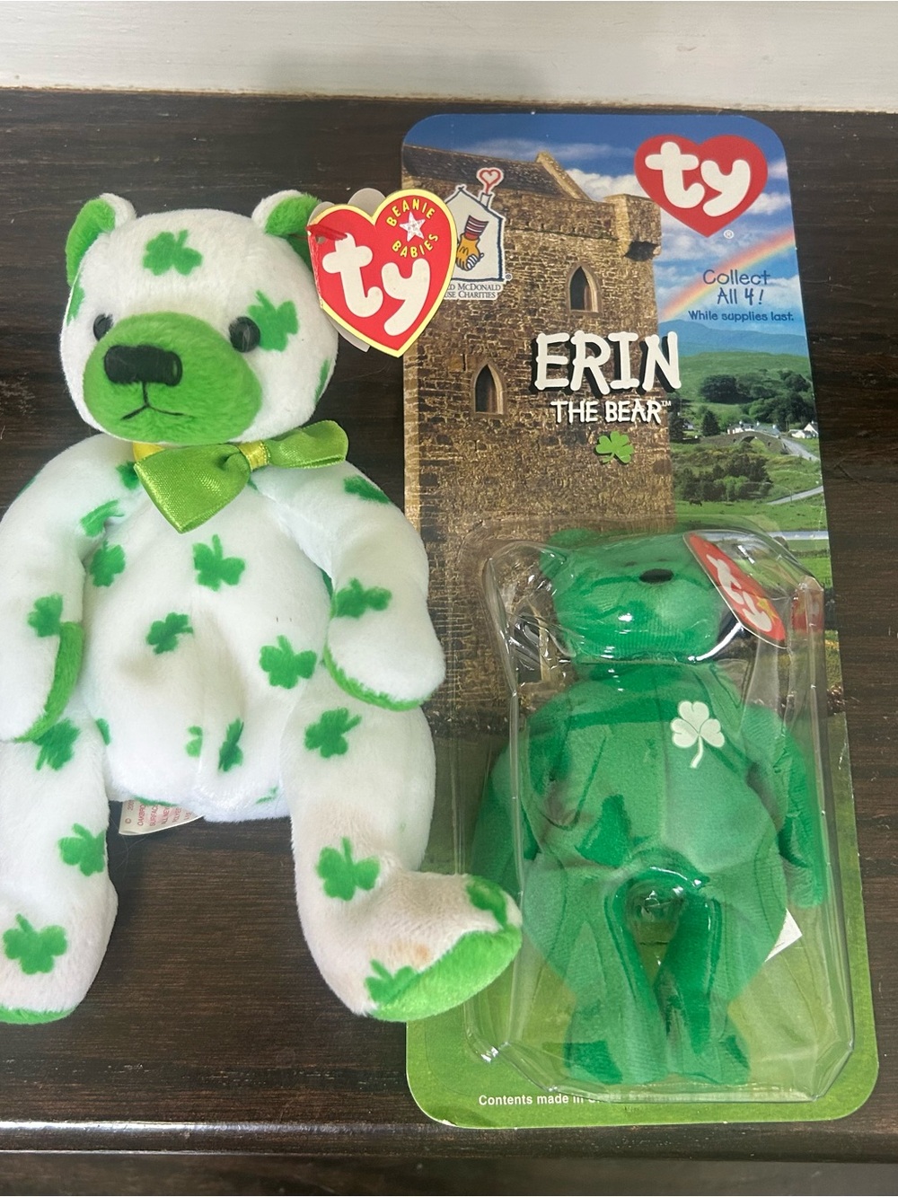 TY Erin The Bear Plush, Clover - White & Green Shamrock beanie babies